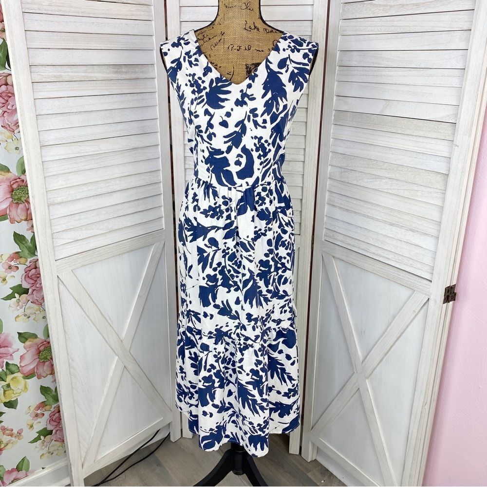 Magaschoni Linen Dress Bold Shadow Fauna Floral Blue White Tiered Sleeveless‎ 4